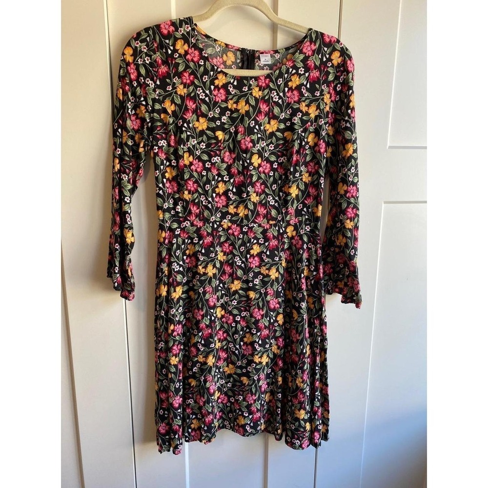 Dress Fit Flare Old Navy Small Medium Floral Black Zip Back Rayon R2